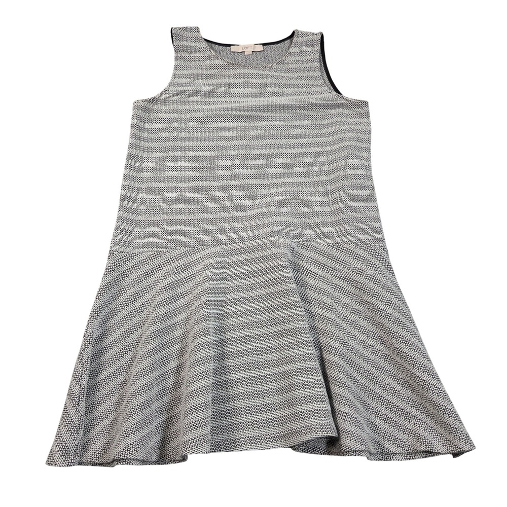 LOFT Dress Womens Small Black White Textured Knit Sleeveless Drop Waist Ruffle